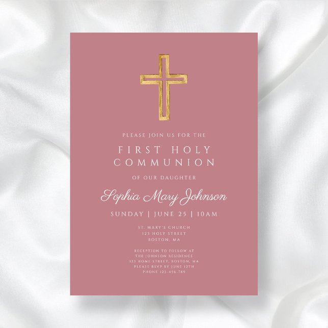 Invitation Première communion religieuse de fille rose rouill (Modern Dusty Pink Religious Girl First Communion Invitation)