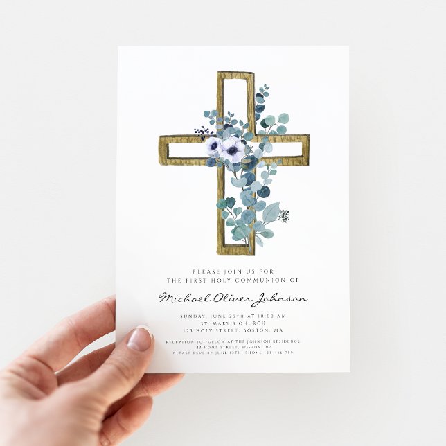 Invitation Première communion religieuse des Eucalyptus moder (Modern Eucalyptus Cross Religious First Communion Invitation)
