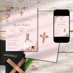 Invitation Première Communion religieuse Fille rose religieus