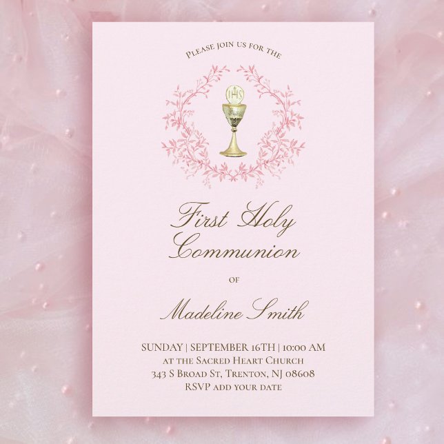 Invitation première communion rose calice crête verte (Créateur téléchargé)