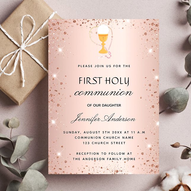 Invitation Première communion rose chalice or hôte luxe (Créateur téléchargé)