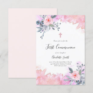 Invitation première communion rose d'aquarelle florale