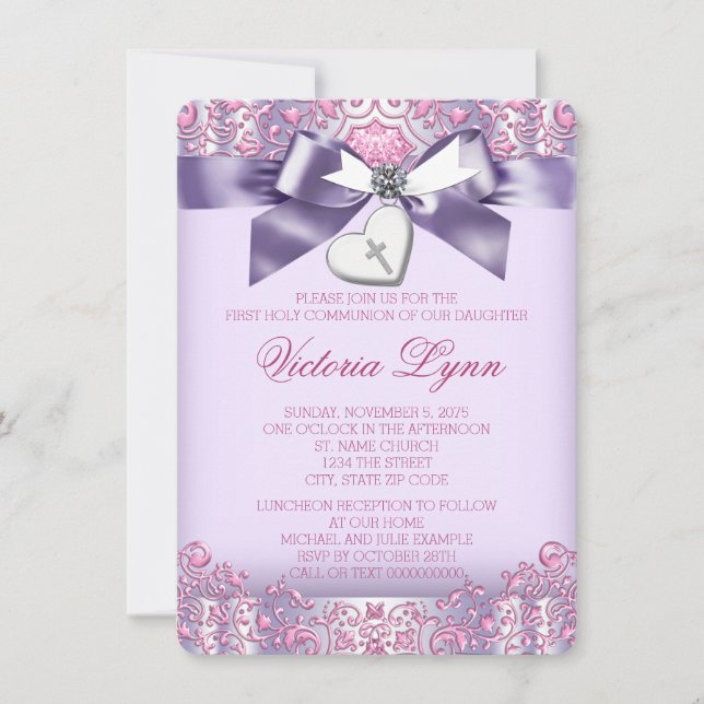 Invitation Première communion rose et violet (Devant)