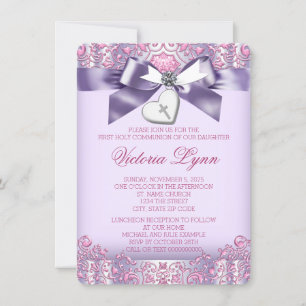 Invitation Première communion rose et violet