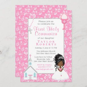 Invitation Première communion rose floral noir cheveux fille