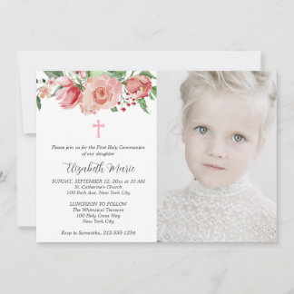 Invitation Première communion rose florale et photo pour les