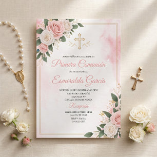 Invitation Première communion rose florale rose chrétienne