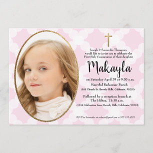 Invitation Première communion rose or blanc