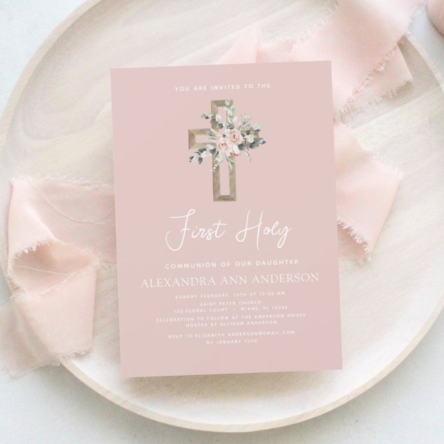 Invitation Première Communion rose pâle Rose floral (Créateur téléchargé)