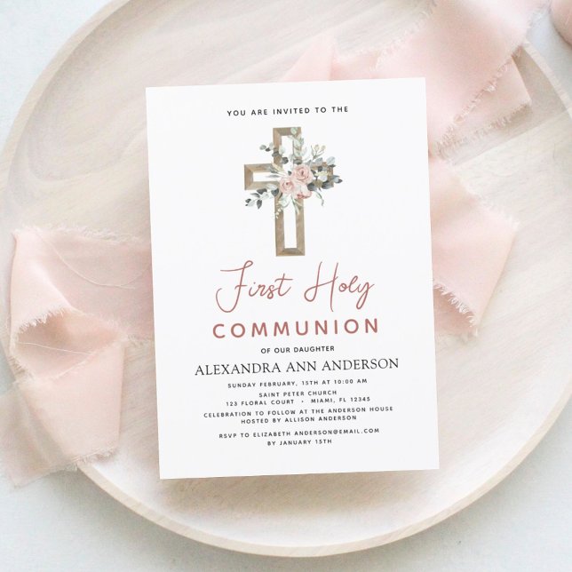 Invitation Première Communion rose pâle Rose floral (Créateur téléchargé)