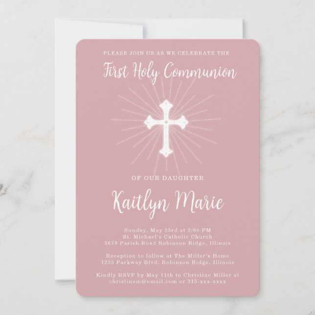 Invitation Première communion rose poussiéreux pour fille ave (Devant)
