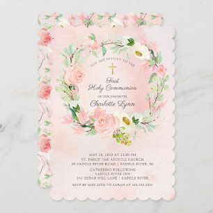 Invitation Première communion rose rose rose rose chic et élé