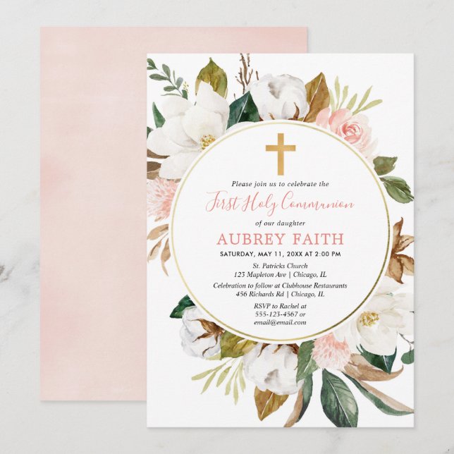 Invitation Première communion rose rousse à couronne florale (Devant / Derrière)