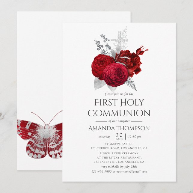 Invitation Première communion Rose vintage rouge et argent (Devant / Derrière)