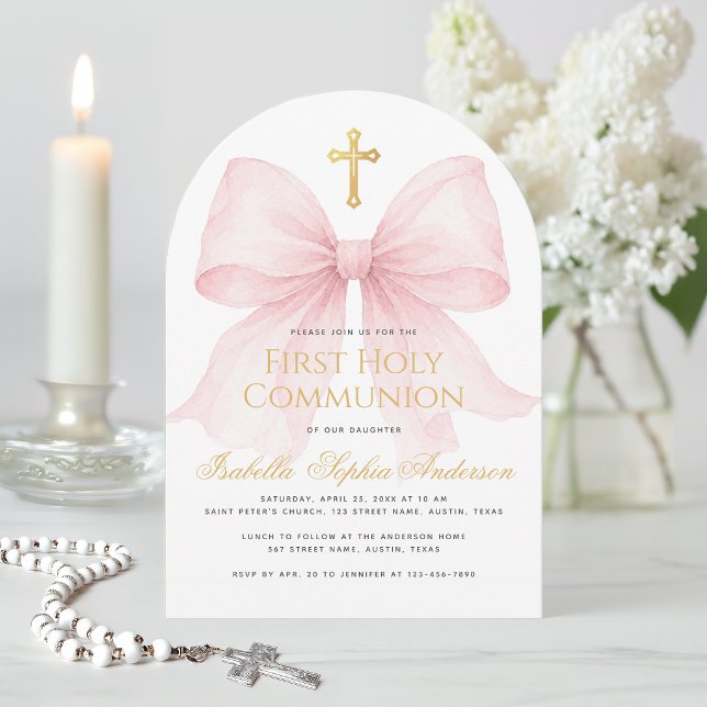 Invitation Première communion ruban rose et croix en faux or  (Créateur téléchargé)