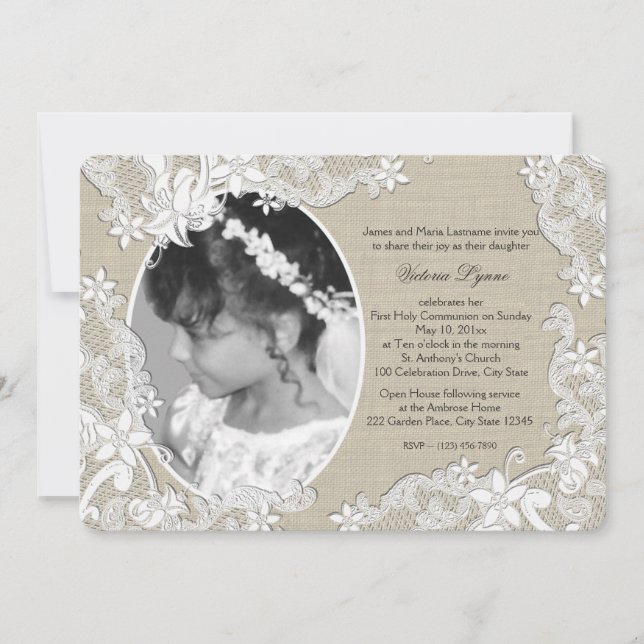 Invitation Première communion Rustique Floral avec photo (Devant)