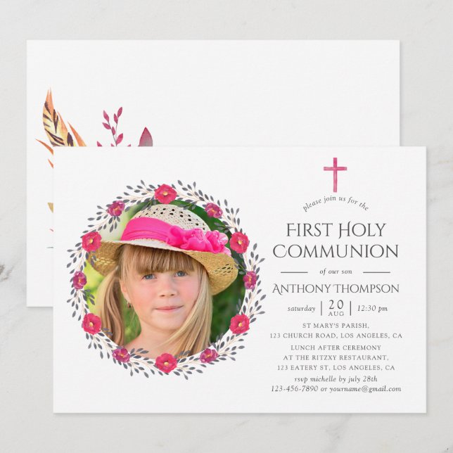 Invitation Première communion safari floral aquarelle (Devant / Derrière)