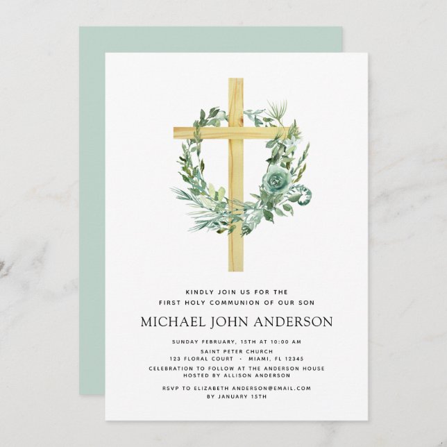 Invitation Première Communion Sage vert Eucalyptus Invi (Devant / Derrière)
