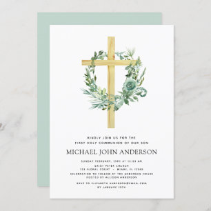 Invitation Première Communion Sage vert Eucalyptus Invi