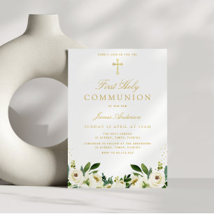 Invitation première communion sainte à fleurs blanches