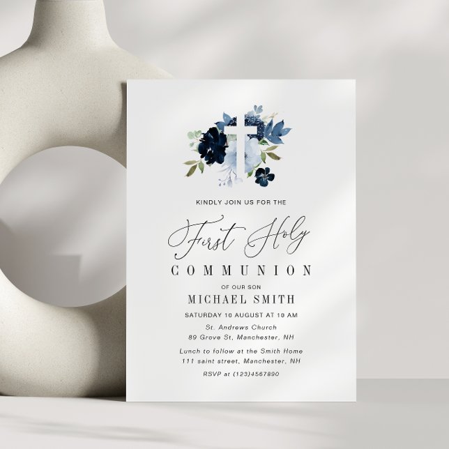 Invitation première communion sainte à fleurs bleues (Créateur téléchargé)