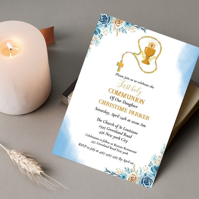 Invitation Première communion sainte aquarelle bleu floral (Créateur téléchargé)