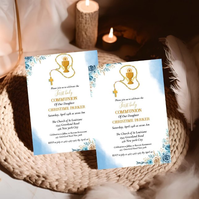 Invitation Première communion sainte aquarelle bleu floral (Créateur téléchargé)