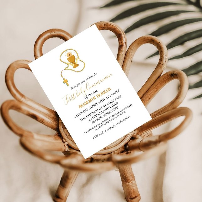 Invitation Première communion sainte aquarelle bleu floral (Créateur téléchargé)