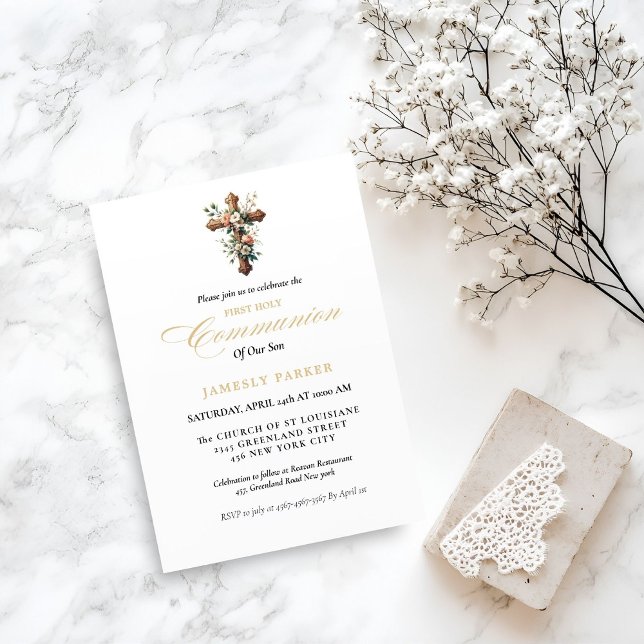 Invitation Première communion sainte aquarelle Croix florale (Créateur téléchargé)