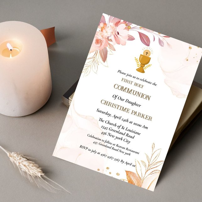 Invitation Première communion sainte aquarelle rose splash in (Créateur téléchargé)