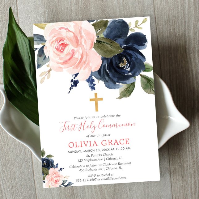 Invitation Première communion sainte bleu marine rose (Créateur téléchargé)