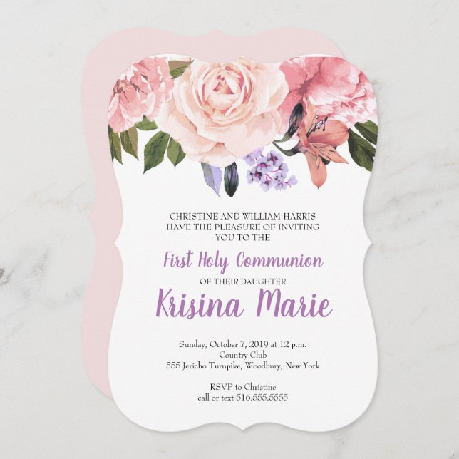 Invitation Première communion sainte de la flore violette, bl (Devant / Derrière)