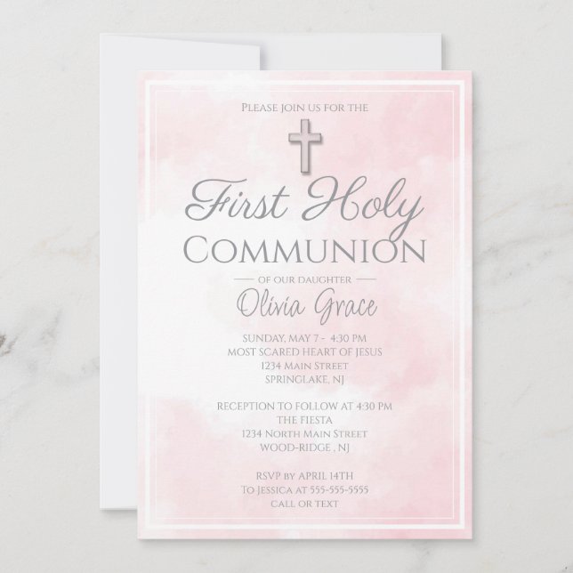 Invitation Première communion sainte en marbre rose (Devant)