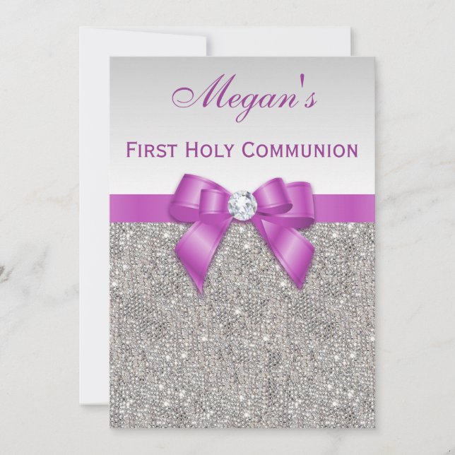 Invitation Première Communion Sainte Faux Jewels, Bow & Diamo (Devant)