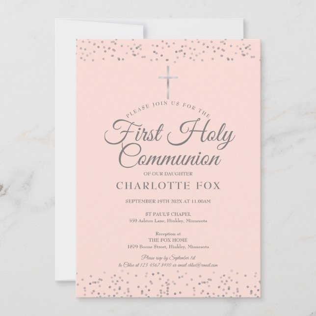 Invitation Première communion Silver Stardust rose poudré (Devant)