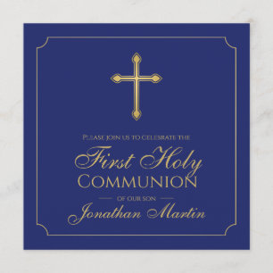 Invitation Première communion Simple Croix Or Bleue Chrétien