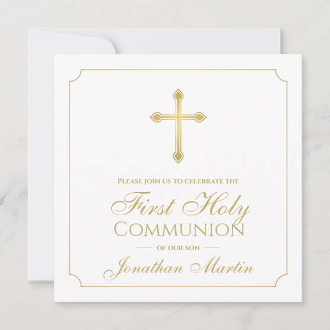 Invitation Première communion Simple Gold Cross Boy Christian (Devant)