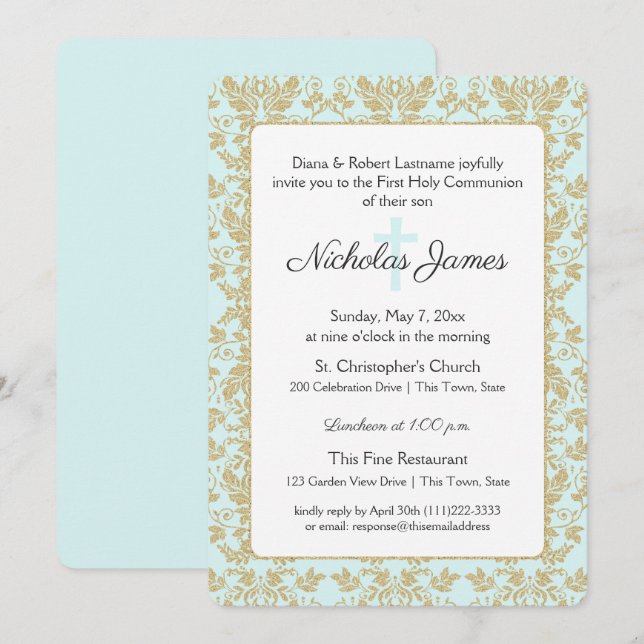 Invitation Première communion Soft Blue et Gold Damask (Devant / Derrière)