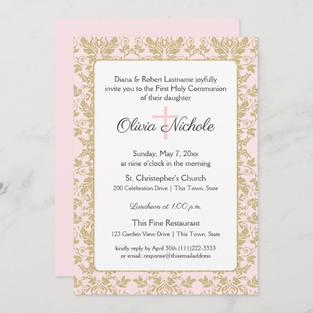 Invitation Première communion Soft Rose et Gold Damask (Devant / Derrière)