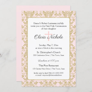 Invitation Première communion Soft Rose et Gold Damask