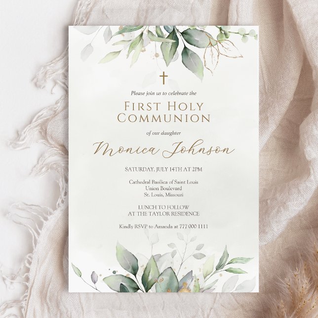 Invitation Première communion solennelle aquarelle de verdure (Greenery Watercolor First Holy Communion Invitation Card)