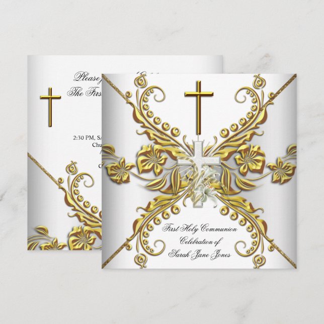 Invitation Première communion solennelle fille or blanc argen (Devant / Derrière)