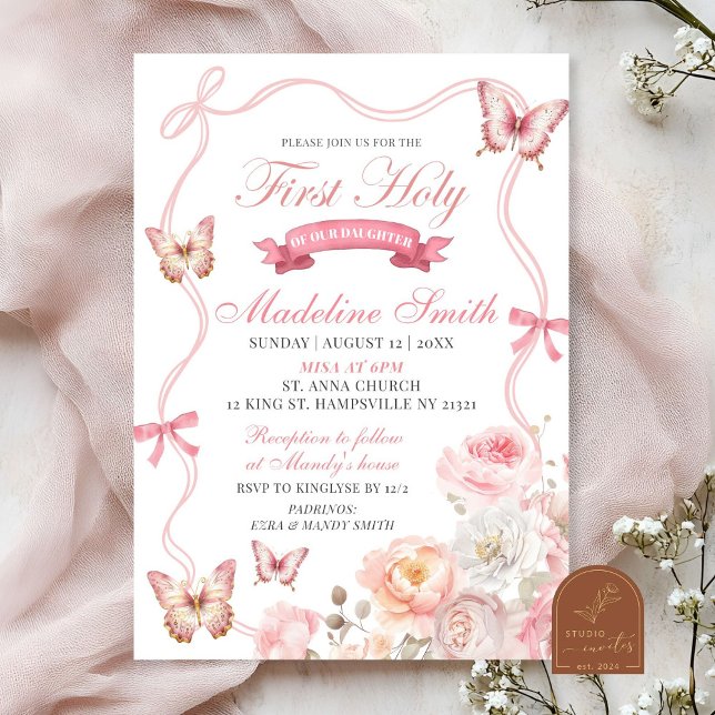 Invitation Première communion solennelle fleur papillon Flora (Créateur téléchargé)