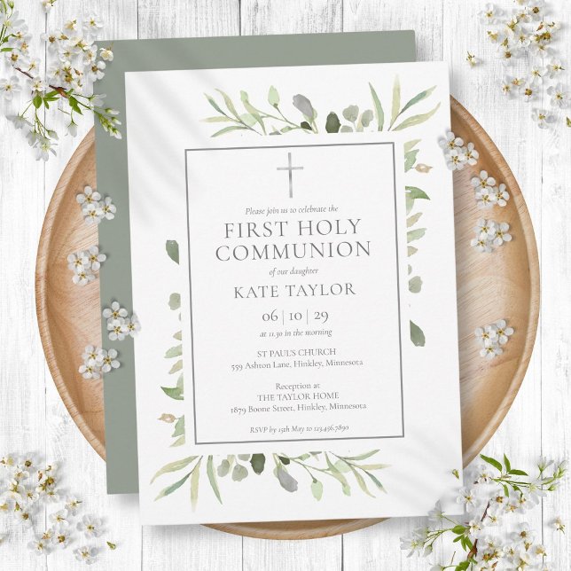 Invitation Première communion sous le signe de la verdure aqu (Watercolor Greenery First Holy Communion Invitation)