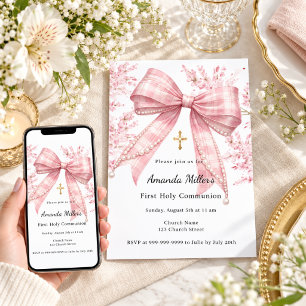 Invitation Première communion tartan florale ruban rose