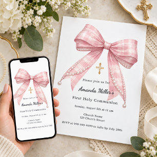Invitation Première communion tartan noeud rose