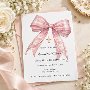 Invitation Première communion tartan noeud rose