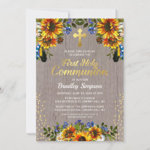Invitation Première communion tournesols en bois rustique