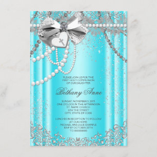 Invitation Première communion turquoise de Pearl bleu et gris