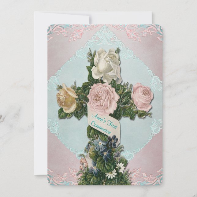 Invitation Première communion Turquoise vintage bleue et rose (Devant)